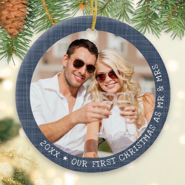 Ornamento De Cerâmica Natal Azul com Foto Moderno 2 (Criador carregado)