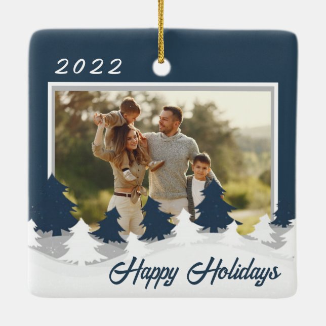 Ornamento De Cerâmica Natal Azul Foto Personalizada Natal (Verso)