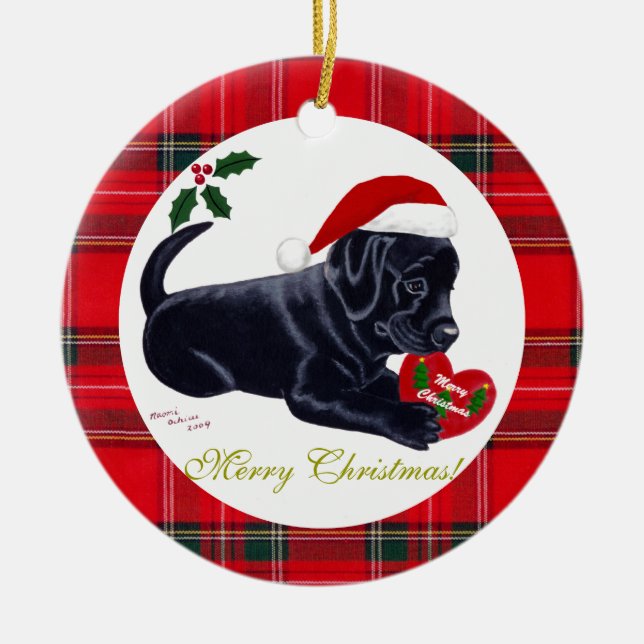 Ornamento De Cerâmica Natal Black Labrador Puppy Santa Hat (Frente)