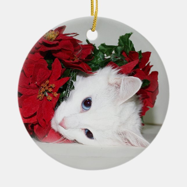 Ornamento De Cerâmica Natal branco do gatinho (Frente)