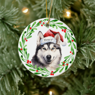 Ornamento De Cerâmica Natal Cachorro Siberian Husky Santa Hat Holiday
