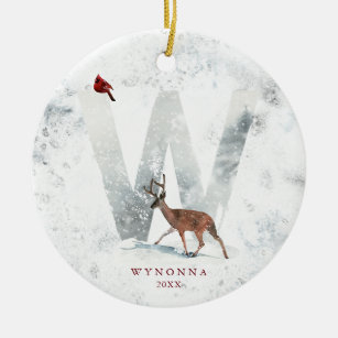 Ornamento De Cerâmica Natal clássico Monograma W da cena de inverno com 