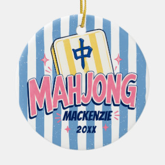 Ornamento De Cerâmica Natal com Listras Azuis de Mahjong