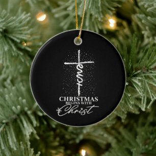 Ornamento De Cerâmica Natal Comece com Cristo Jesus Cruz Cristã