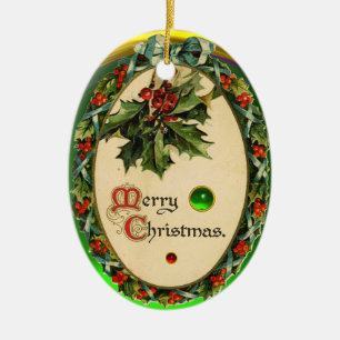 ORNAMENTO DE CERÂMICA NATAL CRUZADO COM HOLLY BERRIES E PEDRAS GEM