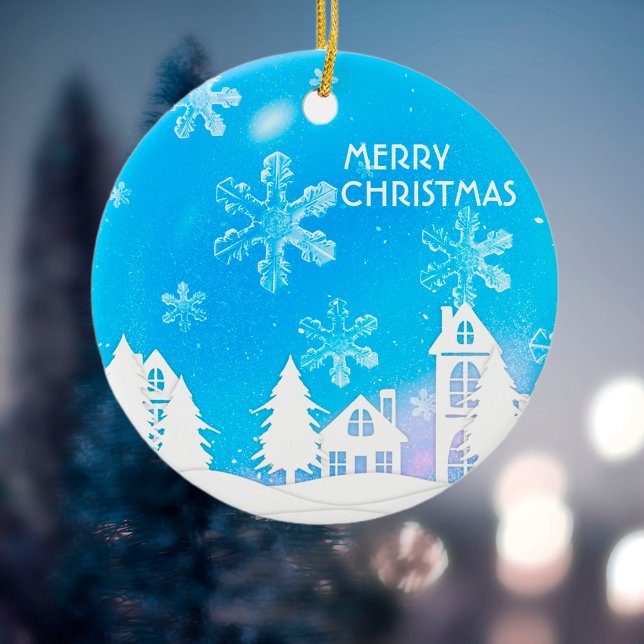 Ornamento De Cerâmica Natal da Casa Branca Azul Ano Novo (Criador carregado)