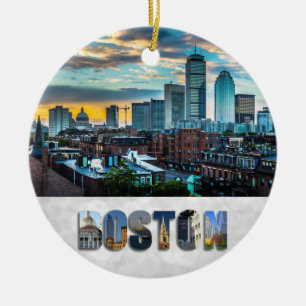 Ornamento De Cerâmica Natal da Cidade de Boston Massachusetts Skyline