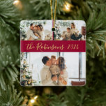 Ornamento De Cerâmica Natal da Colagem de Fotos da Família Red Dourado 3<br><div class="desc">Caligrafia Elegante Simples Moderna Vermelha e Colagem de Fotos da Família Dourada 3 Feliz Ornamento Cerâmico de Natal. Este festivo, minimalista, cômico, três feriados fotográficos Ornament apresenta uma bonito colagem fotográfica em grade e o nome da família e o ano. O nome da família é escrito em um script de...</div>