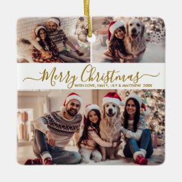 Ornamento De Cerâmica Natal da Colagem de Fotos do Elegante Dourado Whit