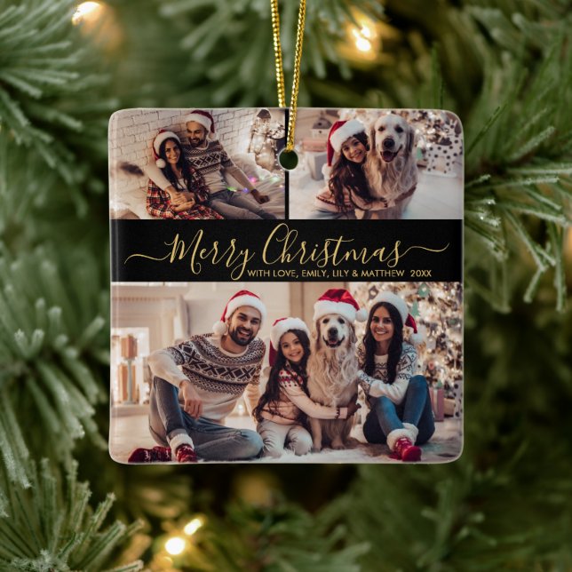 Ornamento De Cerâmica Natal da Colagem de Fotos Dourada 3 Elegante (Árvore)