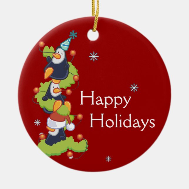 Ornamento De Cerâmica Natal da família do pinguim (Frente)