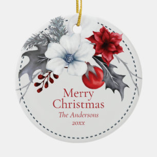 Ornamento De Cerâmica Natal da Folhagem de Prata Vermelha Esbranquiçada