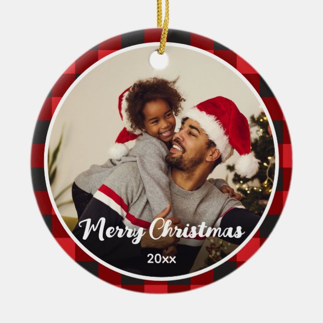 Ornamento De Cerâmica Natal da Foto da Xadrez Vermelha (Frente)