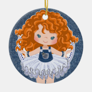 Ornamento De Cerâmica Natal da menina vermelha Denim e Diamantes