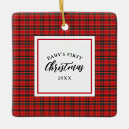 Ornamento De Cerâmica Natal da Xadrez de Tartan Primeiro Natal do Bebê