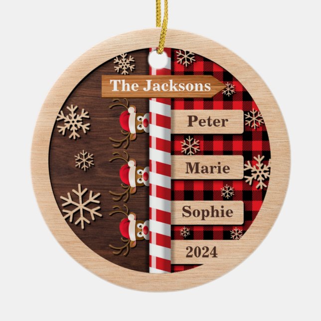 Ornamento De Cerâmica Natal da Xadrez Rustic Reindeer (Frente)