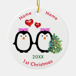Ornamento De Cerâmica Natal das fêmeas Loving do casal dois do pinguim 