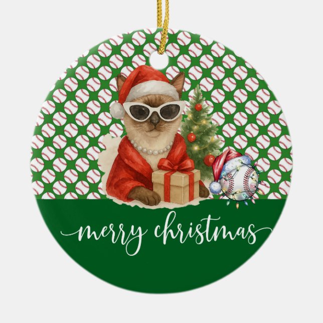 Ornamento De Cerâmica Natal de baseball temático para os amantes de gato (Frente)