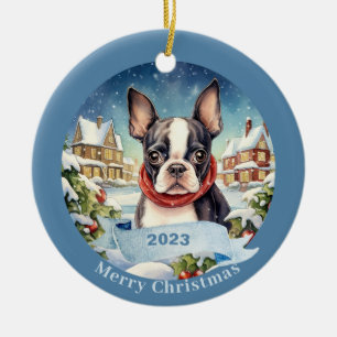 Ornamento De Cerâmica Natal de Boston Terrier Watercolor Dog