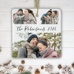 Ornamento De Cerâmica Natal de Colagem de Fotos de 3 Casais Minimalistas<br><div class="desc">Caligrafia Elegante Simples Moderna Colagem de Fotos em Casal Branco 3 Preto Colagem de Fotos Feliz Ornamento Cerâmico de Natal. Este festivo, minimalista, cômico, três feriados fotográficos Ornament apresenta uma bonito colagem fotográfica em grade e nome da família e ano! O nome da família é escrito em um script de...</div>