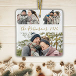Ornamento De Cerâmica Natal de Colagem de Fotos de 3 Casais Minimalistas<br><div class="desc">Caligrafia Elegante Simples Moderna Colagem de Fotos Branca 3, Dourada, Colagem de Fotos de Casal Feliz Ornament Cerâmico de Natal. Este festivo, minimalista, cômico, três feriados fotográficos Ornament apresenta uma bonito colagem fotográfica em grade e nome da família e ano! O nome da família é escrito em um script de...</div>