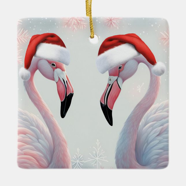 Ornamento De Cerâmica Natal de Férias Flamingo Rosa (Frente)