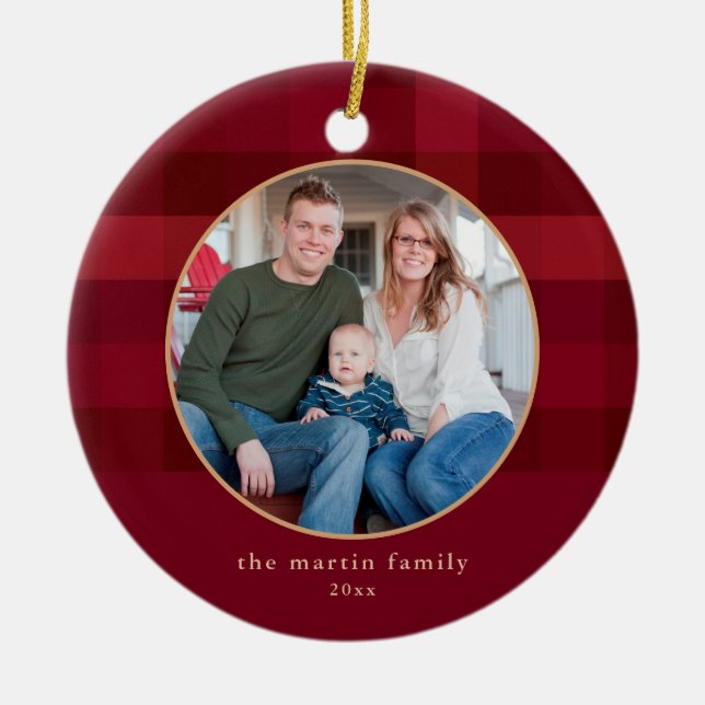 Ornamento De Cerâmica Natal de Foto Vermelha com Xadrez Dipada (Frente)