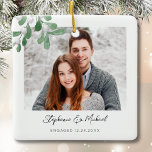 Ornamento De Cerâmica Natal de Fotografia do noivado<br><div class="desc">Este Enfeites de natal de Noivado é decorado com uma letra de água e uma tipografia de script de na moda. Facilmente personalizável com sua foto, nome e ano. Use a Ferramenta Design para alterar o tamanho, o estilo ou a cor do texto. Porque nós criamos a nossa trabalho de...</div>