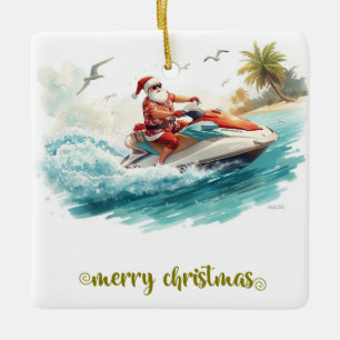 Ornamento De Cerâmica Natal de Jet Ski com Papai Noel