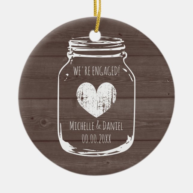 Ornamento De Cerâmica Natal de madeira rústico do noivado do frasco de (Frente)