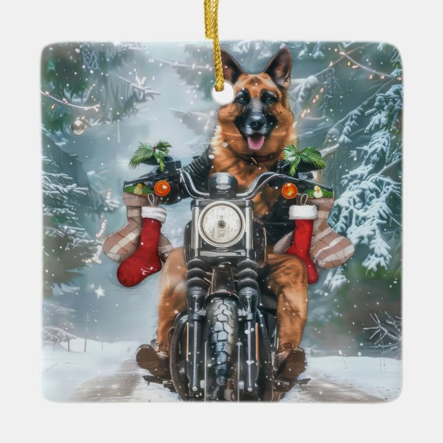 Ornamento De Cerâmica Natal de Motocicleta german shepherd (Frente)
