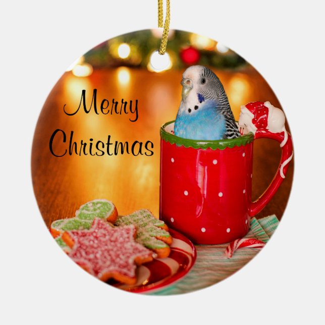 Ornamento De Cerâmica Natal de periquito azul (Frente)
