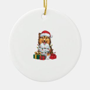 Ornamento De Cerâmica Natal de Santa Hat Sheltie no Xmas Lighting