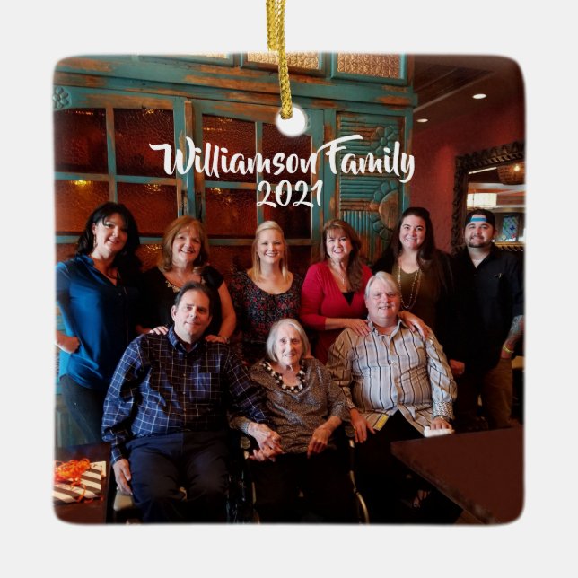 Ornamento De Cerâmica Natal de Script Branco de Foto Personalizado da Fa (Frente)