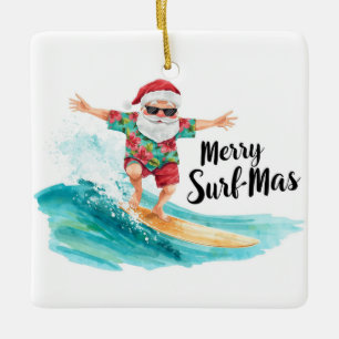 Ornamento De Cerâmica Natal de Surf no Havaí Tropical Papai Noel Feriado