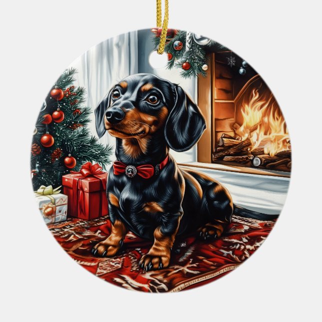 Ornamento De Cerâmica Natal de Tan Dachshund (Frente)