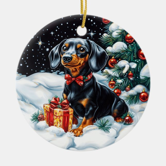 Ornamento De Cerâmica Natal de Tan Dachshund (Frente)