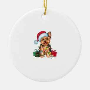 Ornamento De Cerâmica Natal do Cachorro de Santa Hat Yorkie no Natal _1