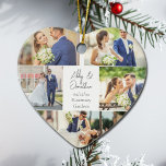 Ornamento De Cerâmica Natal do Coração da Colagem de Fotos do Casal Româ<br><div class="desc">Este belo presente de Enfeites de natal em forma de coração de manutenção de casal apresenta um layout clássico de 5 fotos de casamento em um fundo branco com os nomes, a localização e a data do casal casado. Um maravilhoso presente de fotos comemorativas para sua esposa ou marido para...</div>