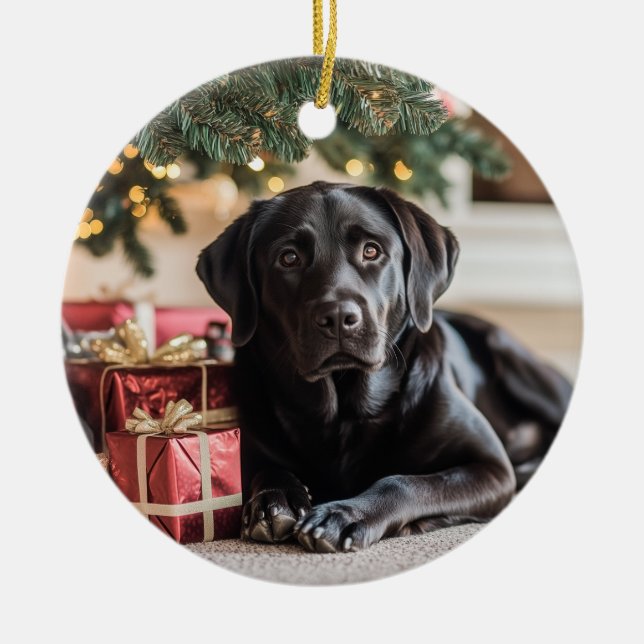 Ornamento De Cerâmica Natal do laboratório preto (Frente)