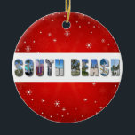 Ornamento De Cerâmica Natal do Viagem de South Beach Miami Florida<br><div class="desc">Mostre seu amor por South Beach,  Miami,  Flórida nesta temporada de festas com este Enfeites de natal festivo de viagem! A colagem colorida apresenta oceano,  praia,  palmeira,  estação salva-vidas e outras fotos!</div>