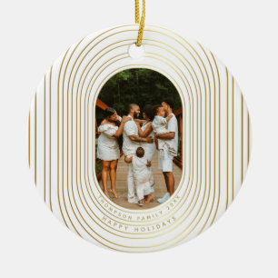 Ornamento De Cerâmica Natal Dourado da família de fotos personalizadas