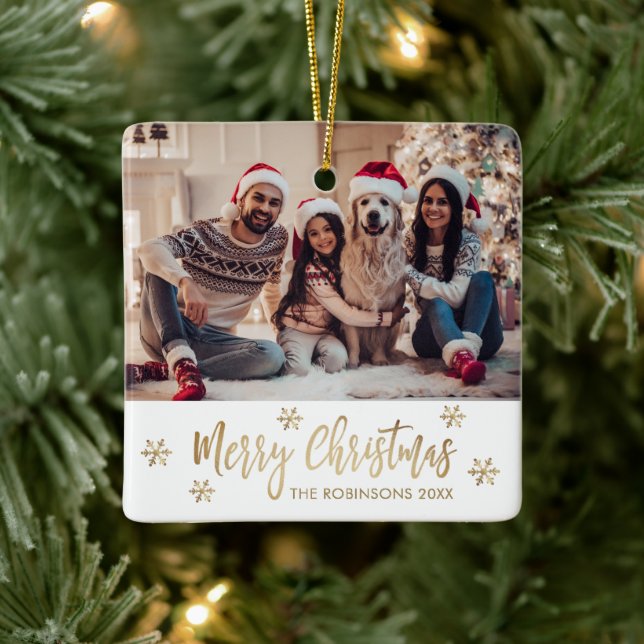 Ornamento De Cerâmica Natal Dourado e branco do floco de neve moderno (Árvore)