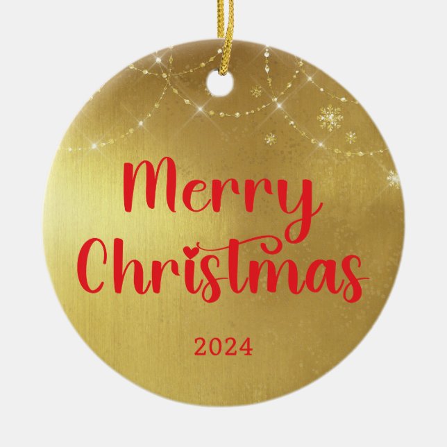 Ornamento De Cerâmica Natal Dourado e feliz (Frente)