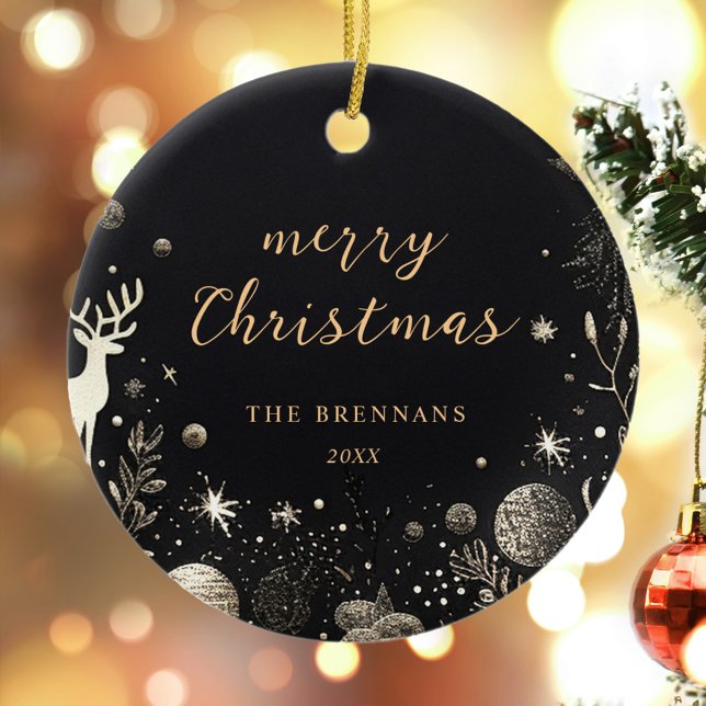 Ornamento De Cerâmica Natal Dourado negro Moderno Elegante Único Festivo (Black Gold Christmas Modern Elegant Festive Unique Ceramic Ornament)