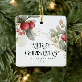 Ornamento De Cerâmica Natal Elegante Aquarela Berry Classic Round S