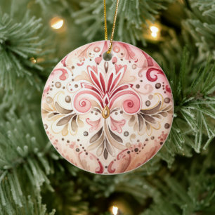 Ornamento De Cerâmica Natal em Aquarela Boho Rosa Verde Vintage