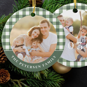 Ornamento De Cerâmica Natal em família com 2 fotos em xadrez gingham ver