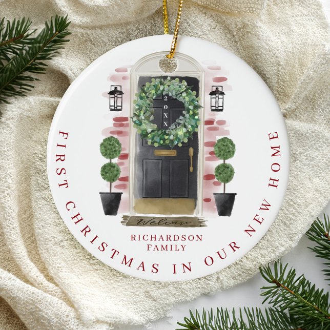 Ornamento De Cerâmica Natal Em Nova Terra, Aquarela, Terra Negra (Christmas In New Home Watercolor Black Door Wreath Ceramic Ornament)