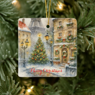 Ornamento De Cerâmica Natal em Paris Feriado – Aquarela Eiffel